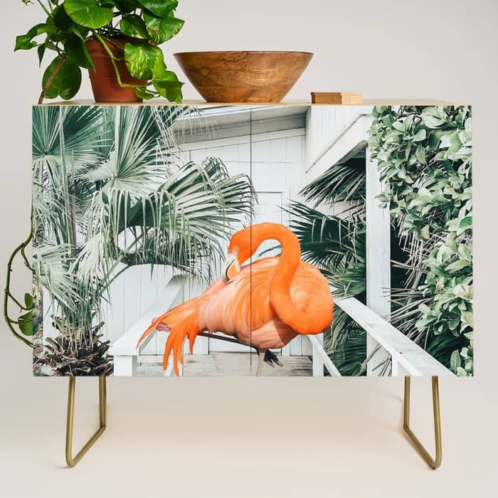 Flamingo Beach House, Wildlife Architecture Jungle Photography, Eclectic Birds Digital Art Credenza