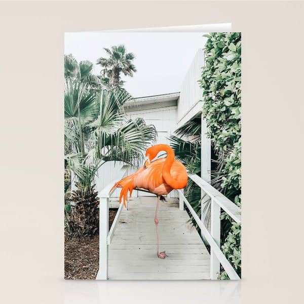 Flamingo Beach House, Wildlife Architecture Jungle Photography, Eclectic Birds Digital Art Stationery Card