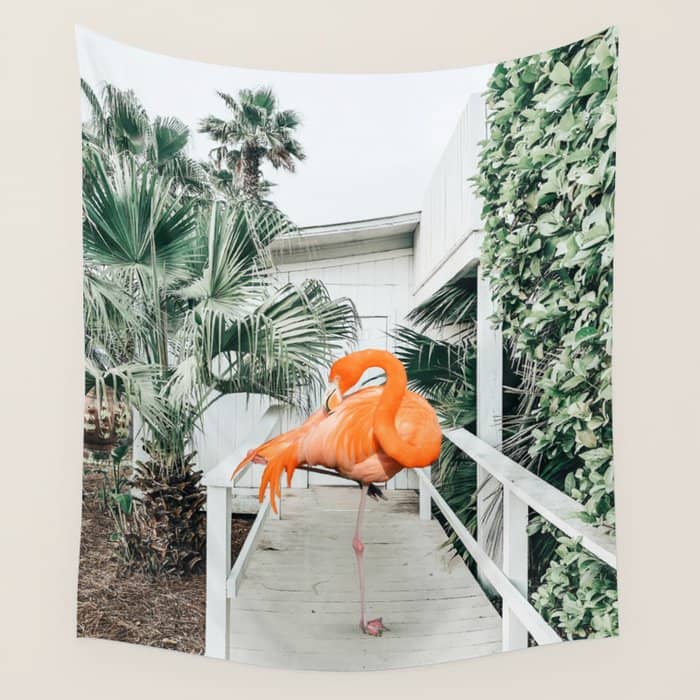 Flamingo Beach House, Wildlife Architecture Jungle Photography, Eclectic Birds Digital Art Wall Tapestry