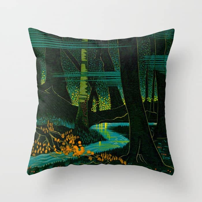 Magical Dark Fantasy Forest Woodblock Throw Pillow