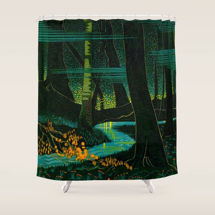 Magical Dark Fantasy Forest Woodblock Shower Curtain
