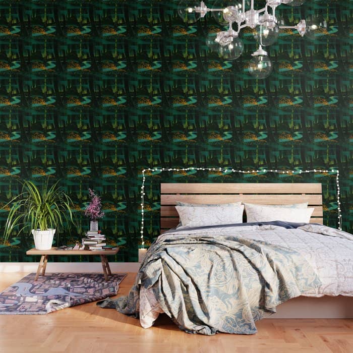 Magical Dark Fantasy Forest Woodblock Wallpaper