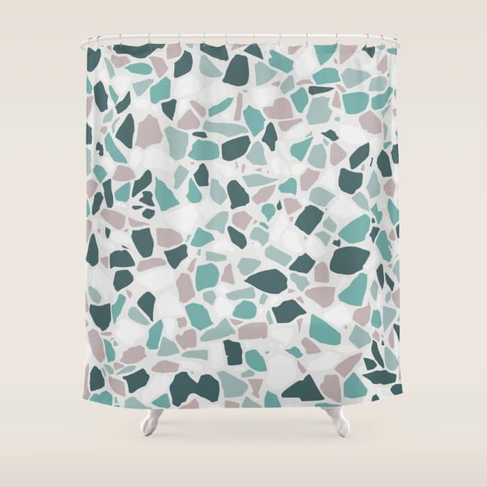 Festive, Terrazzo Mosaic Pattern, Teal, Green, Sage, Dusky Pink Shower Curtain