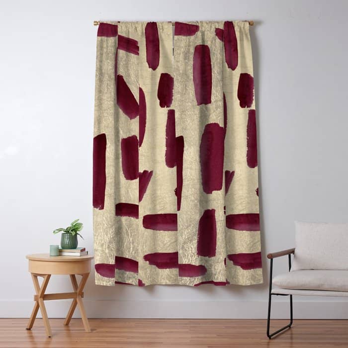 Modern Burgundy Gold Watercolor Brushstrokes Window Curtain