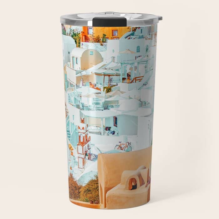 Santorini Vacay | Greece Summer Travel Architecture Buildings | Pastel Beachy Cityscape Photography Travel Mug