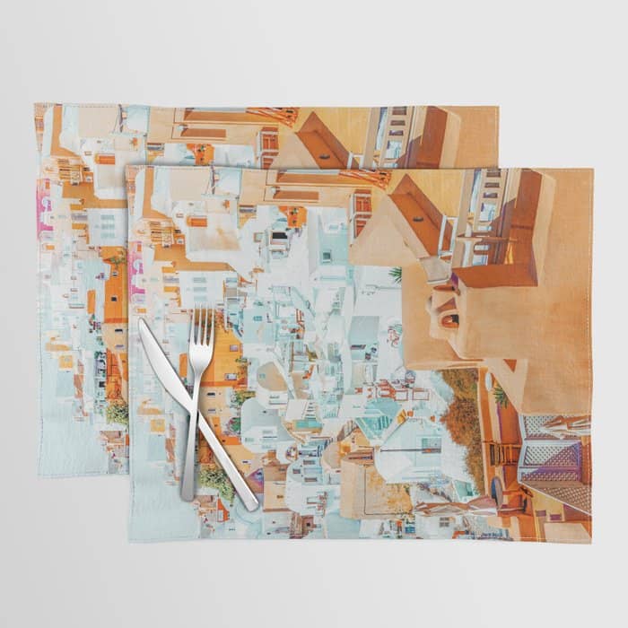 Santorini Vacay | Greece Summer Travel Architecture Buildings | Pastel Beachy Cityscape Photography Placemat