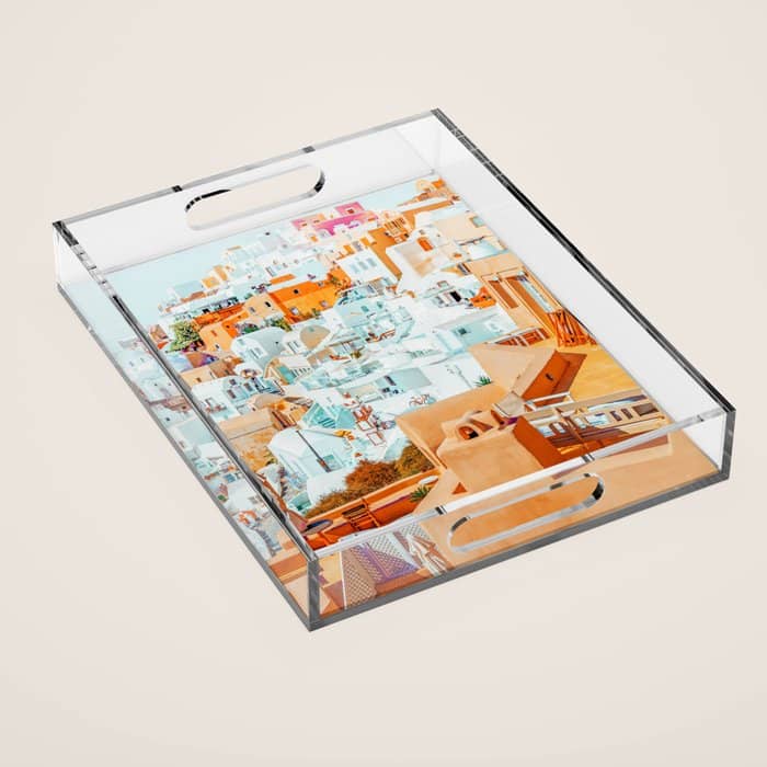Santorini Vacay | Greece Summer Travel Architecture Buildings | Pastel Beachy Cityscape Photography Acrylic Tray