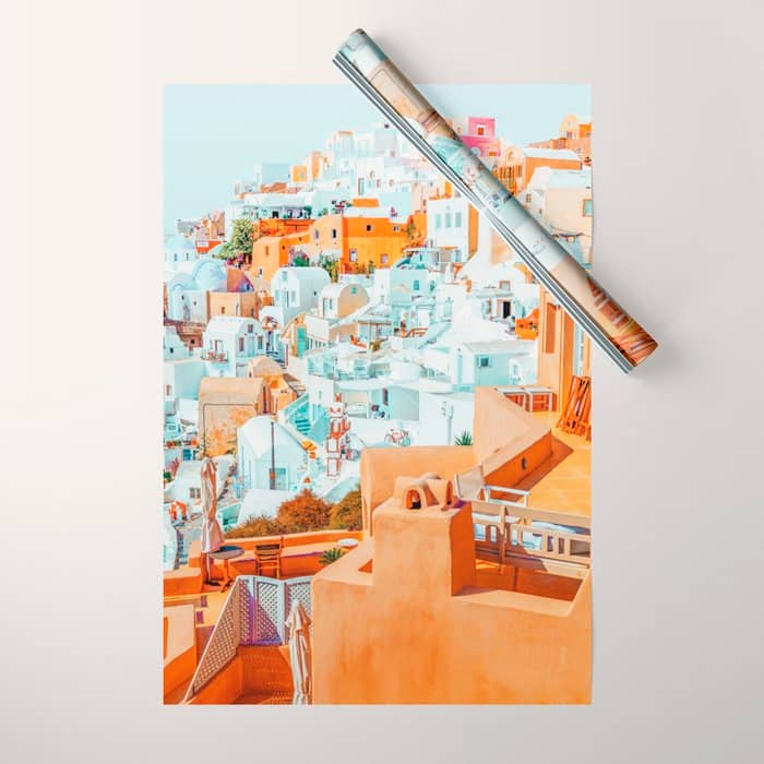 Santorini Vacay | Greece Summer Travel Architecture Buildings | Pastel Beachy Cityscape Photography Wrapping Paper