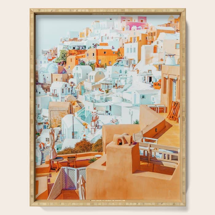 Santorini Vacay | Greece Summer Travel Architecture Buildings | Pastel Beachy Cityscape Photography Serving Tray