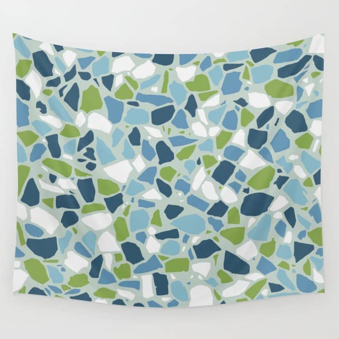 Terrazzo Mosaic Pattern, Teal Blue, Green, White Wall Tapestry