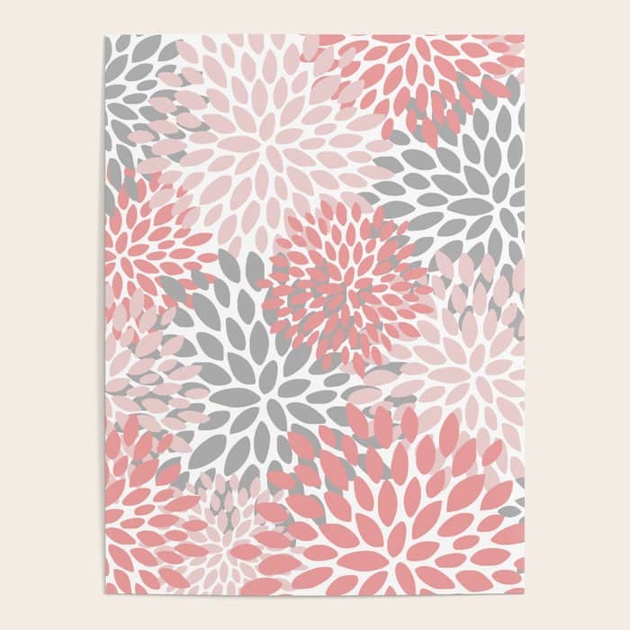 Floral Pattern, Coral Pink And Gray Poster