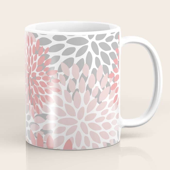 Floral Pattern, Coral Pink And Gray Coffee Mug