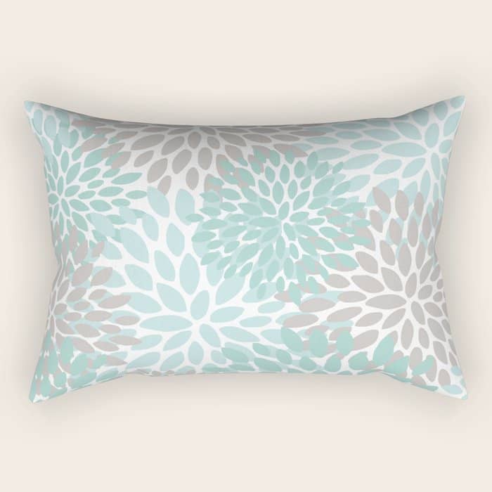 Floral Pattern, Teal, Aqua, Turquoise,Gray Rectangular Pillow