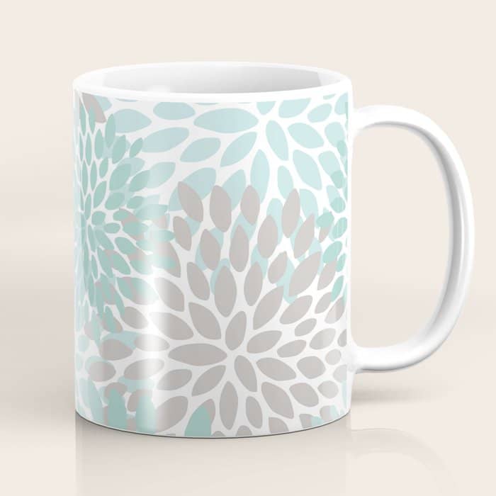 Floral Pattern, Teal, Aqua, Turquoise,Gray Coffee Mug