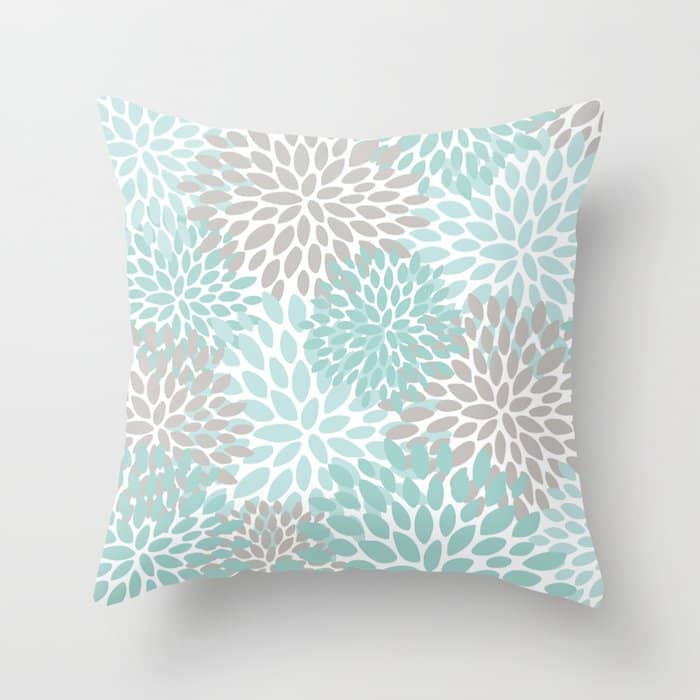 Floral Pattern, Teal, Aqua, Turquoise,Gray Throw Pillow