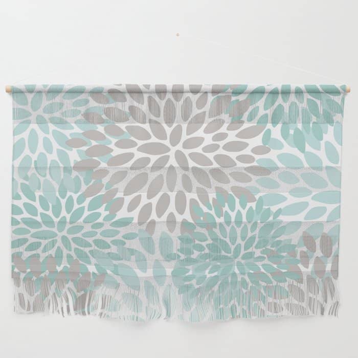 Floral Pattern, Teal, Aqua, Turquoise,Gray Wall Hanging
