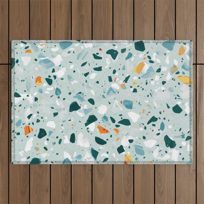 Mint Terrazzo, Eclectic Marble Texture Pattern, Colorful Neutral Pastel Illustration, Floor Tiles Outdoor Rug