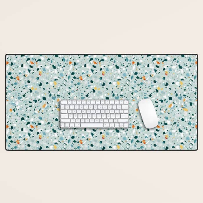 Mint Terrazzo, Eclectic Marble Texture Pattern, Colorful Neutral Pastel Illustration, Floor Tiles Desk Mat