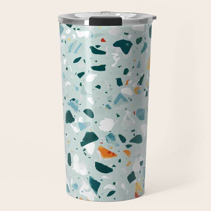 Mint Terrazzo, Eclectic Marble Texture Pattern, Colorful Neutral Pastel Illustration, Floor Tiles Travel Mug