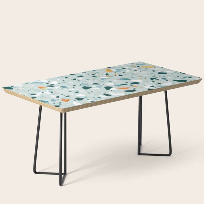 Mint Terrazzo, Eclectic Marble Texture Pattern, Colorful Neutral Pastel Illustration, Floor Tiles Coffee Table