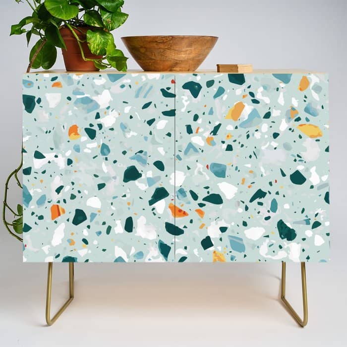 Mint Terrazzo, Eclectic Marble Texture Pattern, Colorful Neutral Pastel Illustration, Floor Tiles Credenza
