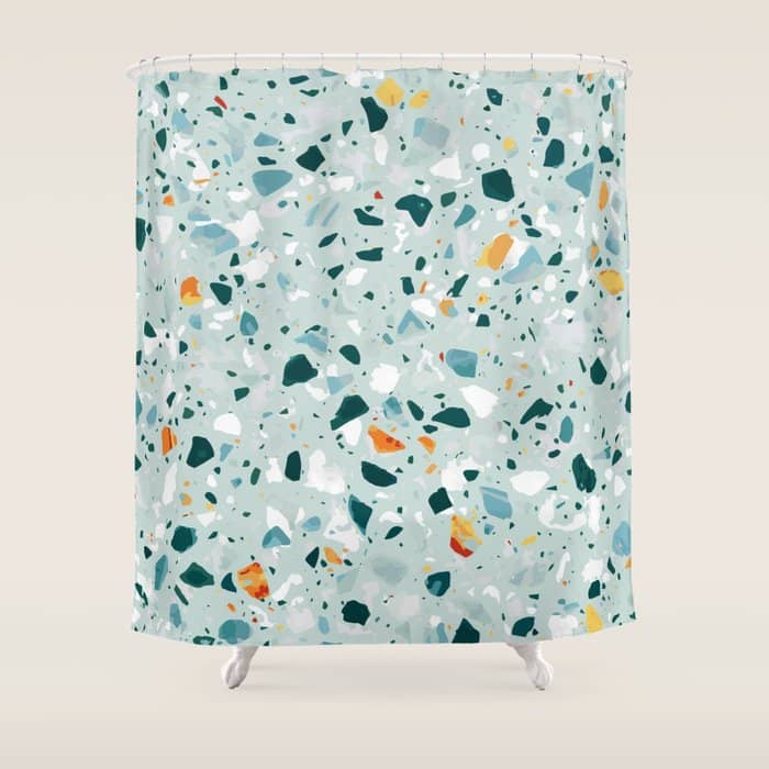 Mint Terrazzo, Eclectic Marble Texture Pattern, Colorful Neutral Pastel Illustration, Floor Tiles Shower Curtain