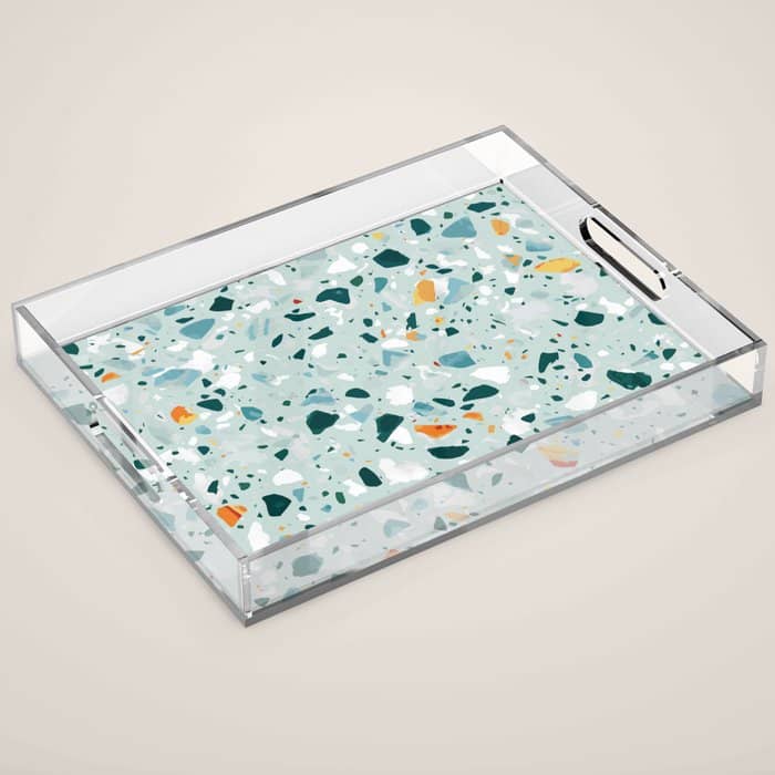 Mint Terrazzo, Eclectic Marble Texture Pattern, Colorful Neutral Pastel Illustration, Floor Tiles Acrylic Tray
