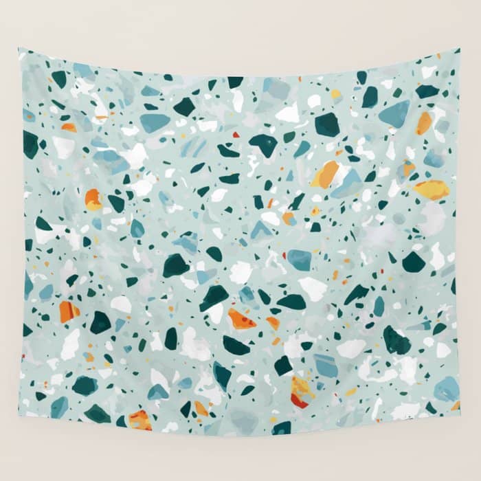 Mint Terrazzo, Eclectic Marble Texture Pattern, Colorful Neutral Pastel Illustration, Floor Tiles Wall Tapestry