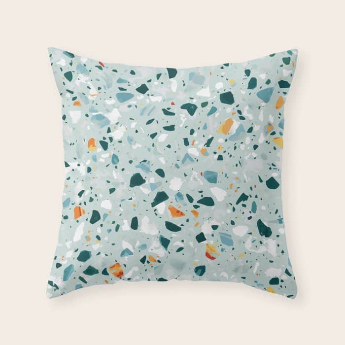 Mint Terrazzo, Eclectic Marble Texture Pattern, Colorful Neutral Pastel Illustration, Floor Tiles Throw Pillow