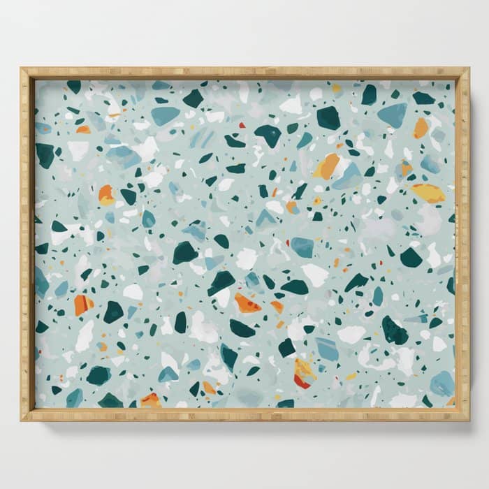 Mint Terrazzo, Eclectic Marble Texture Pattern, Colorful Neutral Pastel Illustration, Floor Tiles Serving Tray