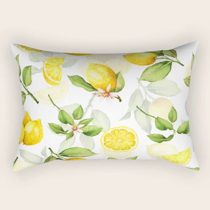 Mediterranean Summer Lemon Branches On White Rectangular Pillow