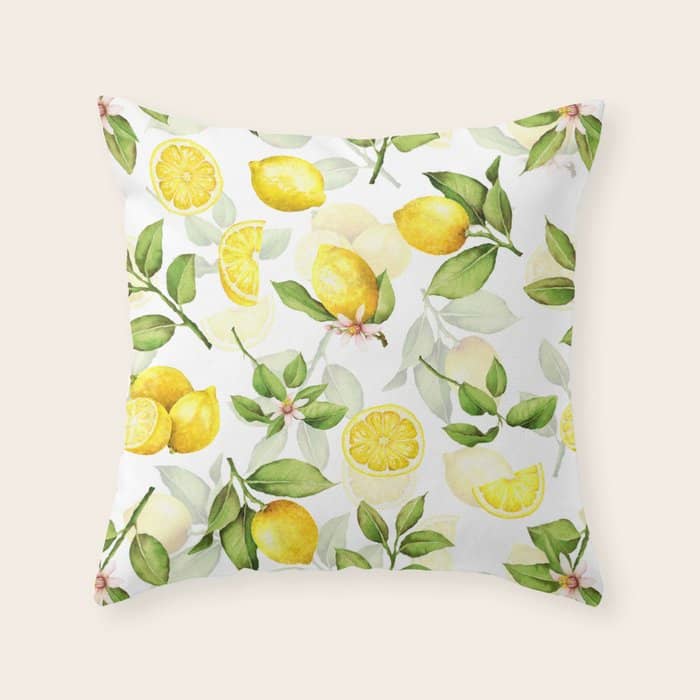 Mediterranean Summer Lemon Branches On White Throw Pillow