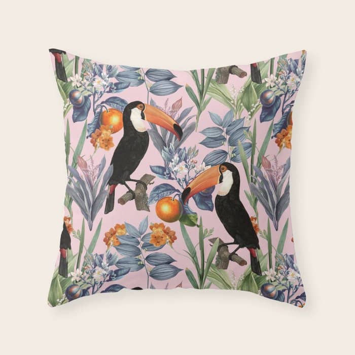 Tucan Garden #Pattern #Illustration Throw Pillow