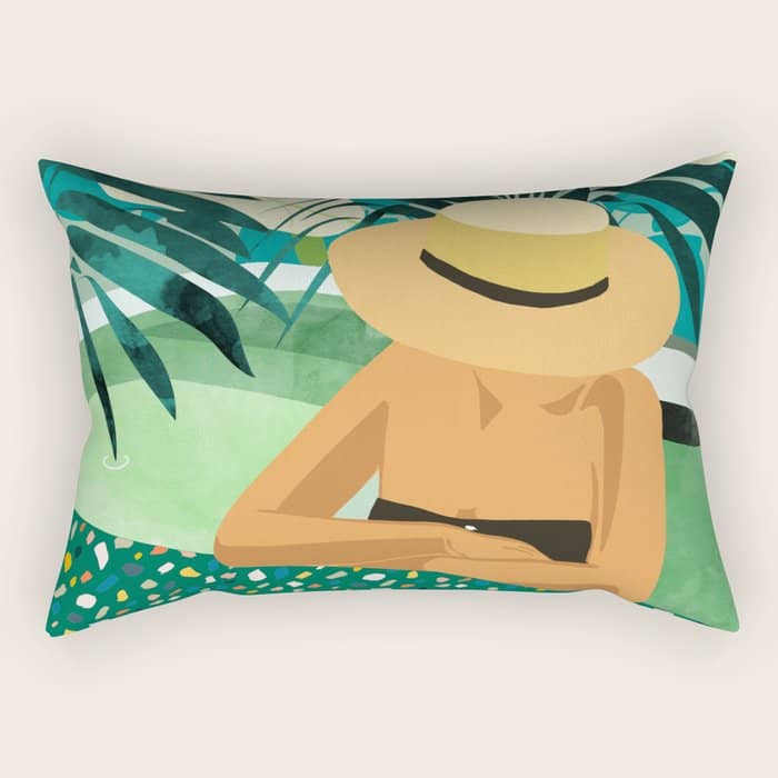 Chill, Modern Bohemian Black Woman Travel Illustration | Terrazzo Tropical Swimming Pool Fashion Rectangular Pillow