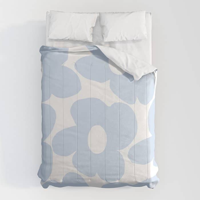 Large Baby Blue Retro Flowers White Background #Decor #Homestorie #Buyart Comforter