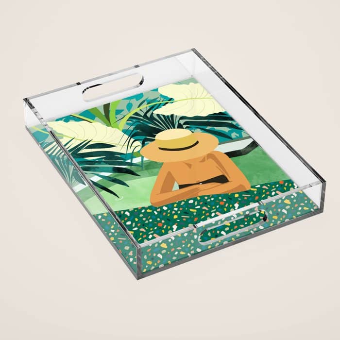 Chill, Modern Bohemian Black Woman Travel Illustration | Terrazzo Tropical Swimming Pool Fashion Acrylic Tray