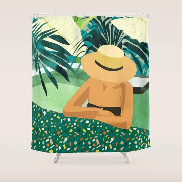 Chill, Modern Bohemian Black Woman Travel Illustration | Terrazzo Tropical Swimming Pool Fashion Shower Curtain