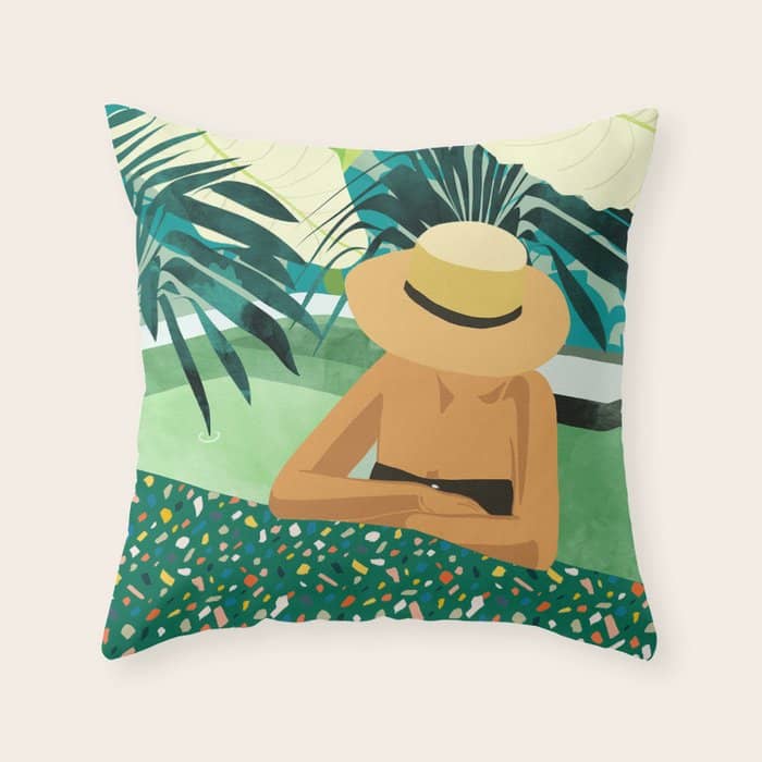 Chill, Modern Bohemian Black Woman Travel Illustration | Terrazzo Tropical Swimming Pool Fashion Throw Pillow