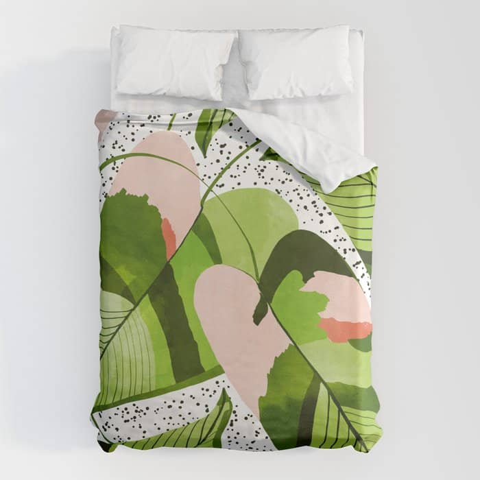 Blushing Leaves Watercolor Painting, Colorful Botanical Illustration, Tropical Modern Bohemian Duvet Cover