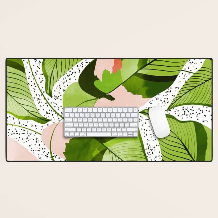 Blushing Leaves Watercolor Painting, Colorful Botanical Illustration, Tropical Modern Bohemian Desk Mat