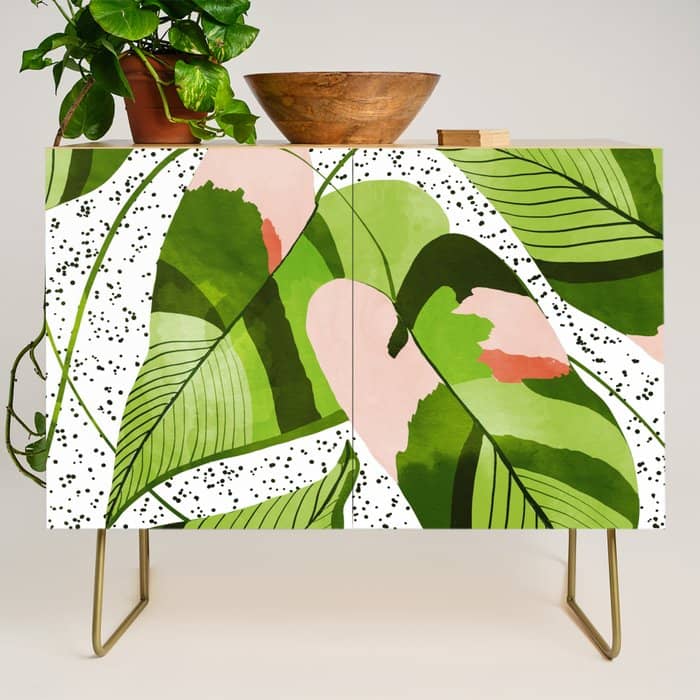 Blushing Leaves Watercolor Painting, Colorful Botanical Illustration, Tropical Modern Bohemian Credenza