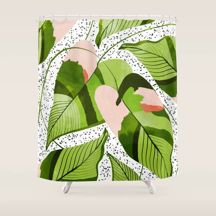 Blushing Leaves Watercolor Painting, Colorful Botanical Illustration, Tropical Modern Bohemian Shower Curtain