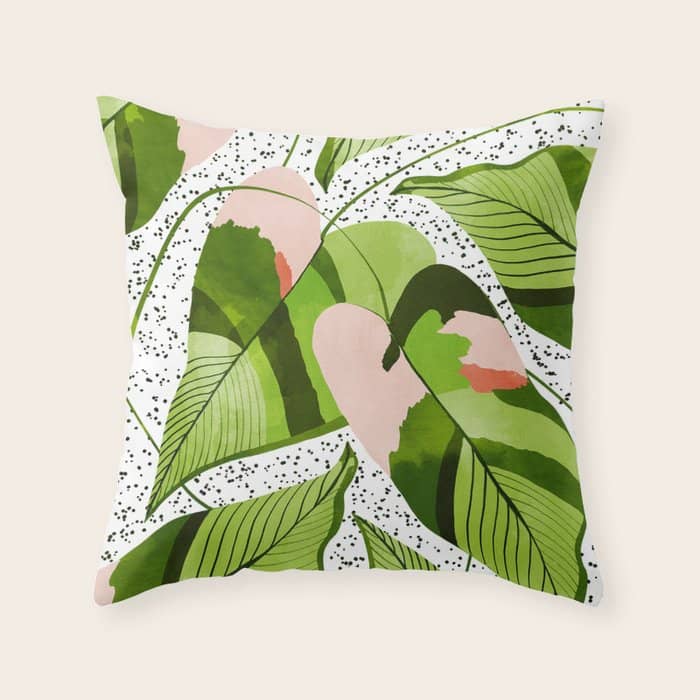 Blushing Leaves Watercolor Painting, Colorful Botanical Illustration, Tropical Modern Bohemian Throw Pillow