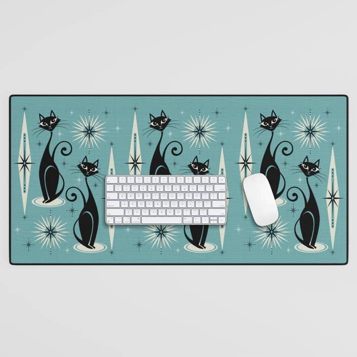 Mid Century Meow Retro Atomic Cats On Blue Desk Mat