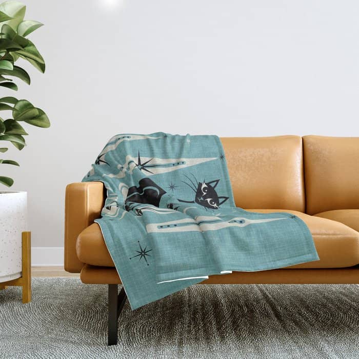 Mid Century Meow Retro Atomic Cats On Blue Throw Blanket