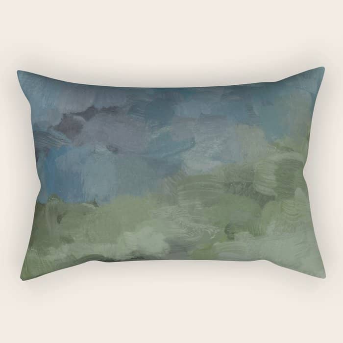 Journey Into The Mountains - Gray Blue Navy Indigo Sage Leafy Green Sky Forest Abstract Painting, Rectangular Pillow