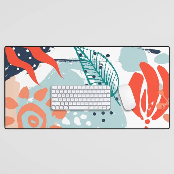 Summer Abstract, Floral Prints, Orange, Teal, Blue, Colourful Prints. Desk Mat