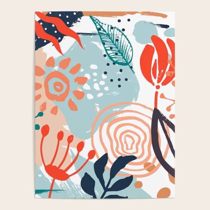 Summer Abstract, Floral Prints, Orange, Teal, Blue, Colourful Prints. Poster
