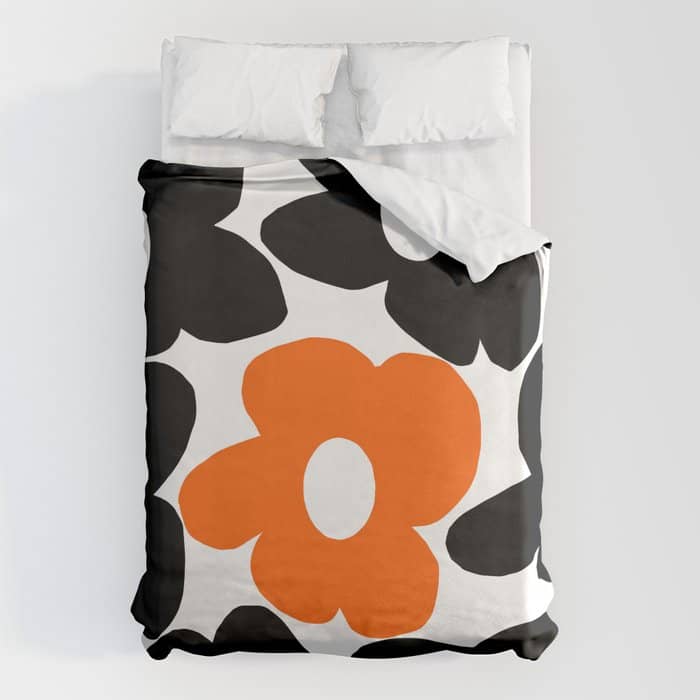 Large Orange And Black Retro Flowers White Background #Decor #Homestorie #Buyart Duvet Cover