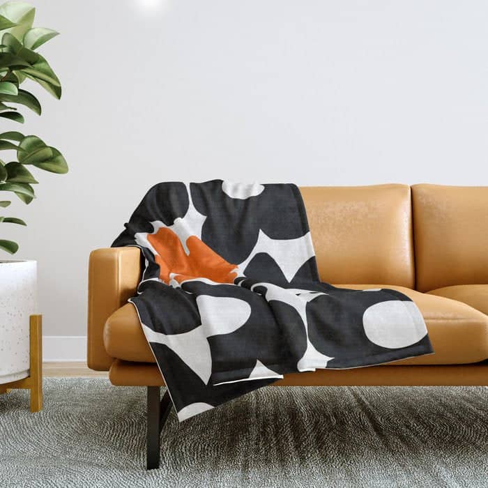 Large Orange And Black Retro Flowers White Background #Decor #Homestorie #Buyart Throw Blanket